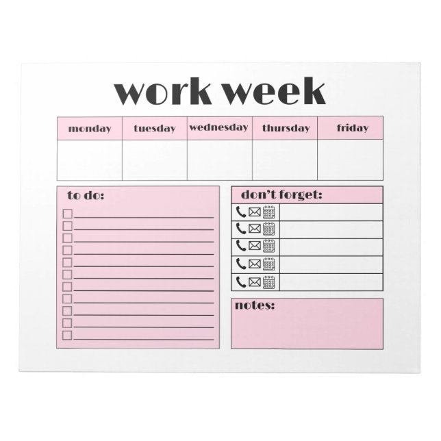 Work Week Planner - pink Notepad (Front)