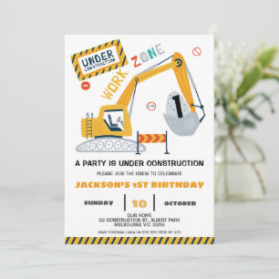 Work Zone Excavator Under Construction Birthday Invitation