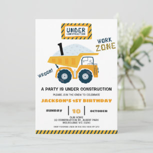 Work Zone Truck Under Construction Birthday  Invitation