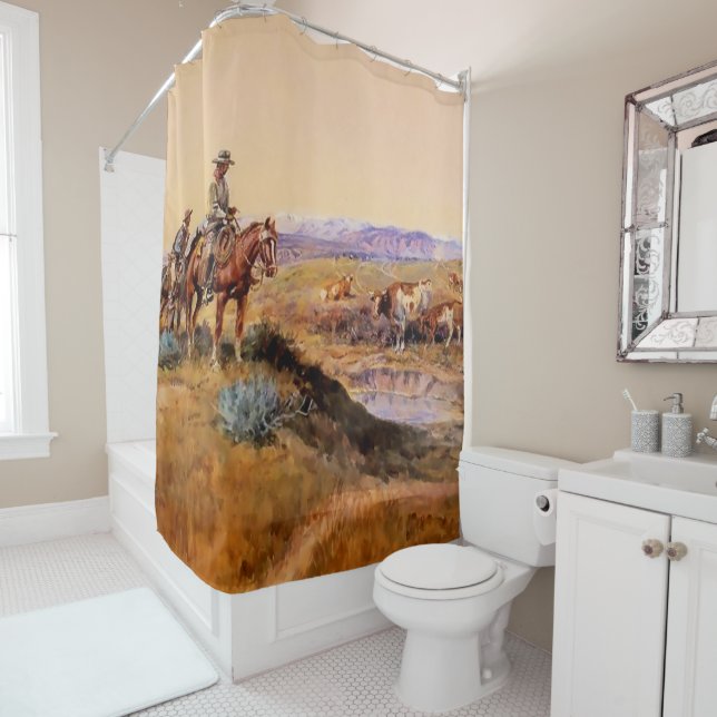 “Worked Over” Western Art by Charles M Russell Shower Curtain (In Situ)