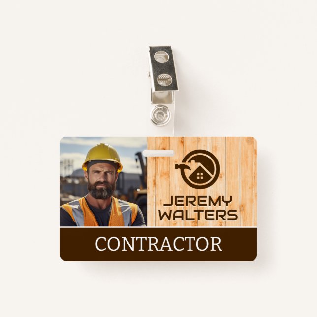 Worker at Construction Site | Wood ID Badge (Front with Clip)