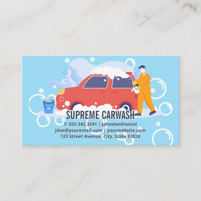 Worker Cleaning Car | Auto Wash Soap Bubbles Business Card (Front)