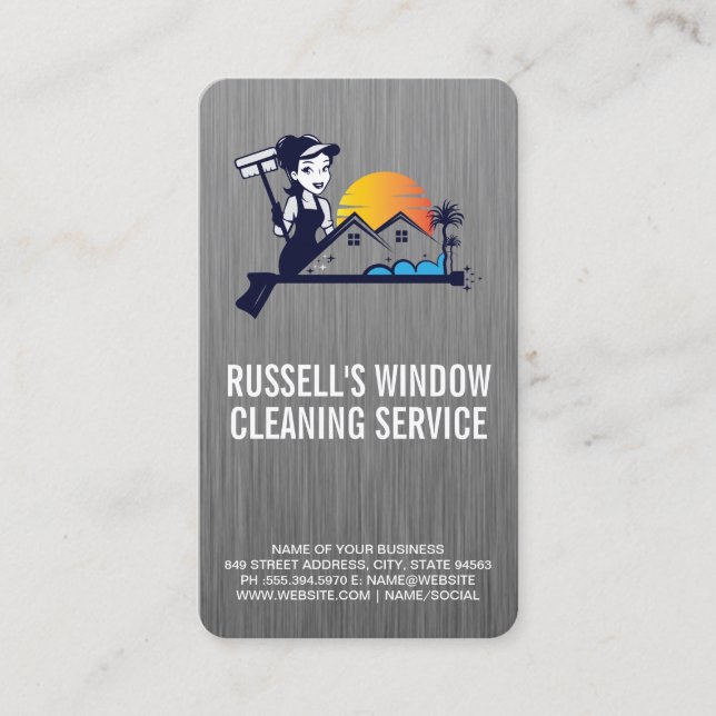 Worker Cleaning Window | Maid Services Business Card (Front)