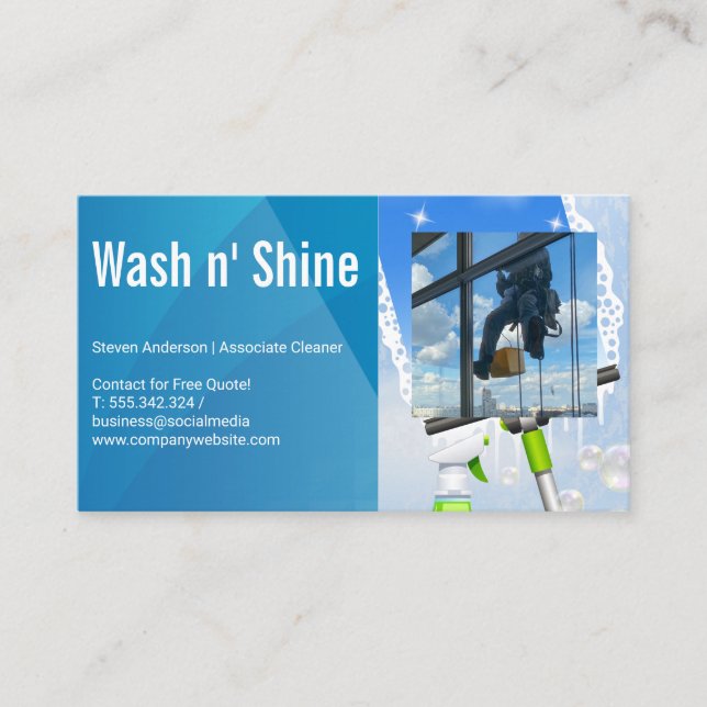 Worker Cleaning Window on Building Business Card (Front)