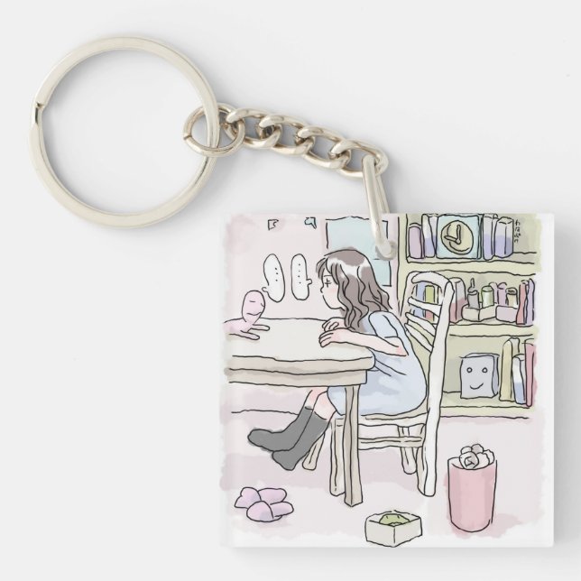 Working at a desk in my room key ring (Front)
