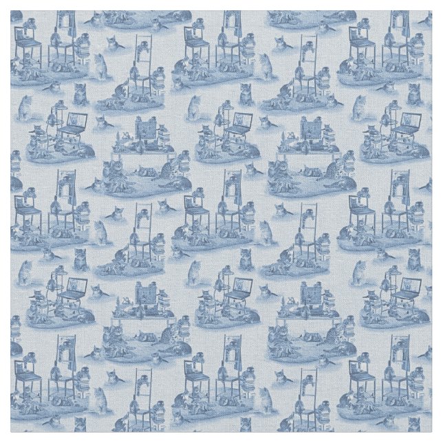 Working from Home with my Cats two tone Delft Blue Fabric (Close Up)