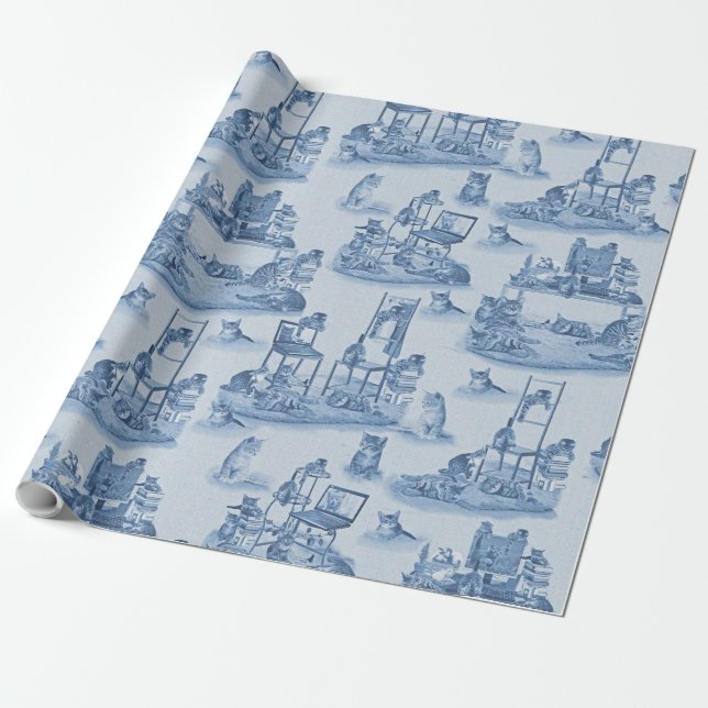 Working from Home with my Cats two-tone Delft Blue Wrapping Paper (Unrolled)
