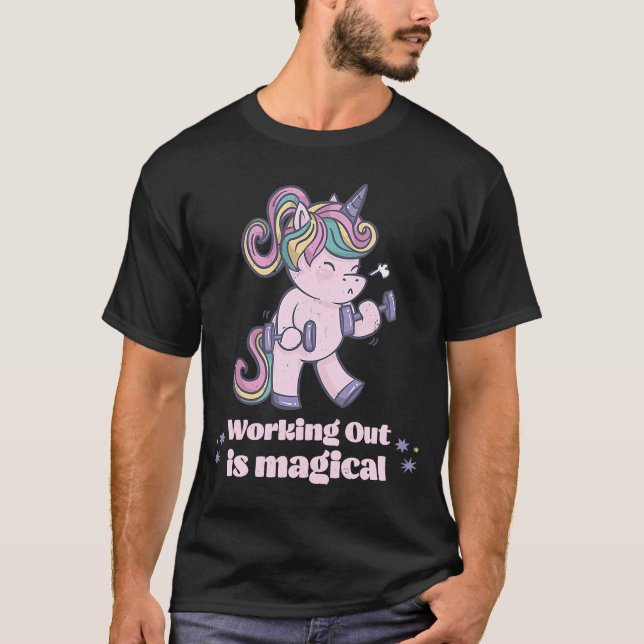 Working Out Is Magical Unicorn doing weights Cute T-Shirt (Front)
