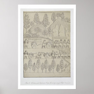 Workmen with implements and ropes for moving a Win Poster