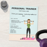 Workout Girl Fitness Girl Custom Personal Trainer Flyer<br><div class="desc">Destei's cartoon illustration of a cute brunette girl who is holding dumbbells in her hands. The girl is standing on a pink mat that has two dumbbells on it and a blue water bottle. There are also many personalizable text fields for custom text and information.</div>