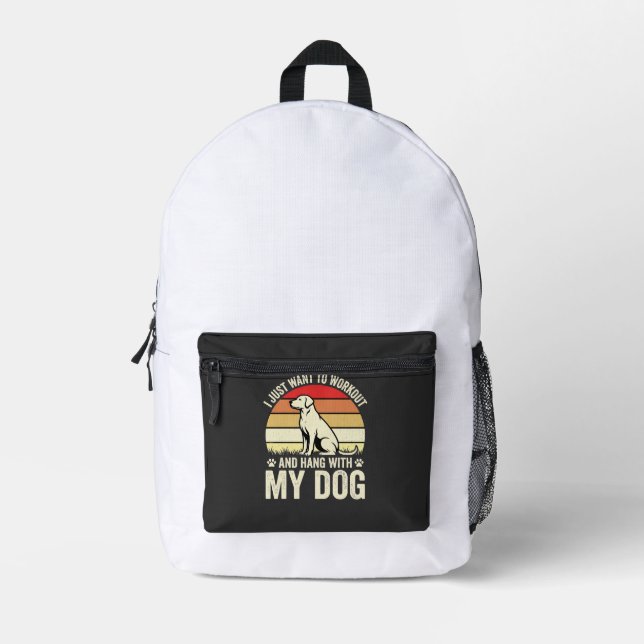 Workout With My Dog Retro Sunset Printed Backpack (Front)