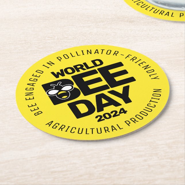 World Bee Day Yellow Black Pollinator Round Paper Coaster (Angled)