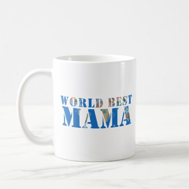World Best Mama Globe Nature Typography Blue  Coffee Mug (Left)