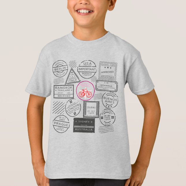World Bicycle, Retro Stamps T-Shirt (Front)
