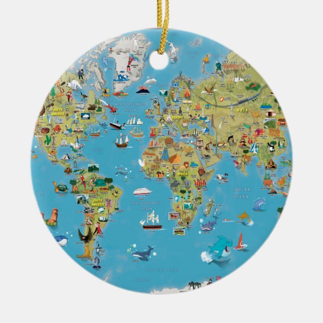 World Cartoon Map Ceramic Tree Decoration (Front)