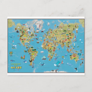 World Cartoon Map Postcard