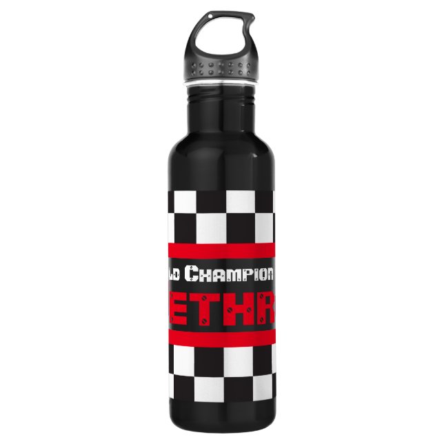 World champion kids name racing drinks bottle (Front)