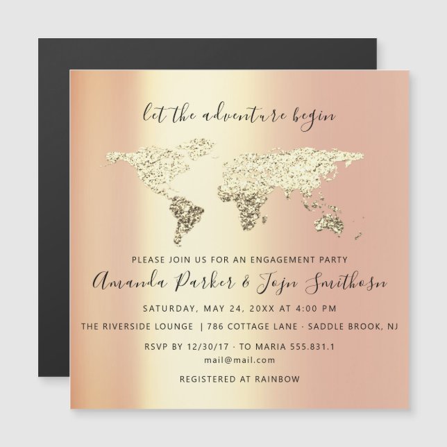 World Destination Map  Globe Bridal Wedding Gold Magnetic Invitation (Front/Back)