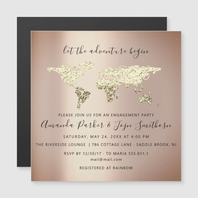 World Destination Map Graduate Bridal Wedding Rose Magnetic Invitation (Front/Back)