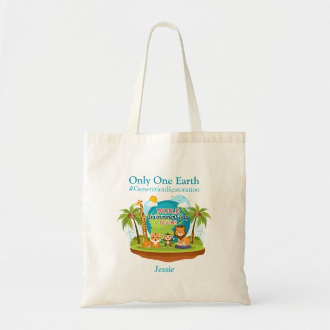 World Environment Day Custom Text Jungle Animals Tote Bag (Front)