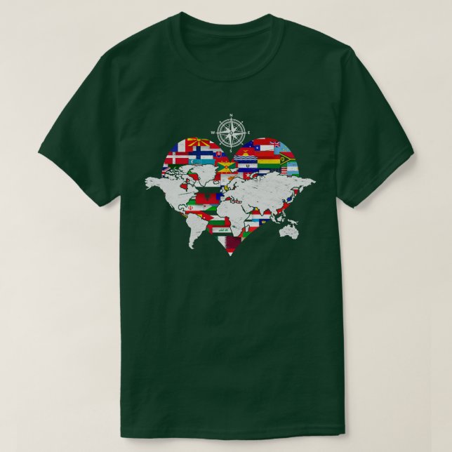 World Flags Heart International Travelling Cartogr T-Shirt (Design Front)