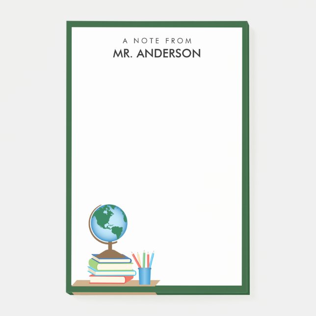 World Globe on Stack of Books Personalised Teacher Post-it Notes (Front)