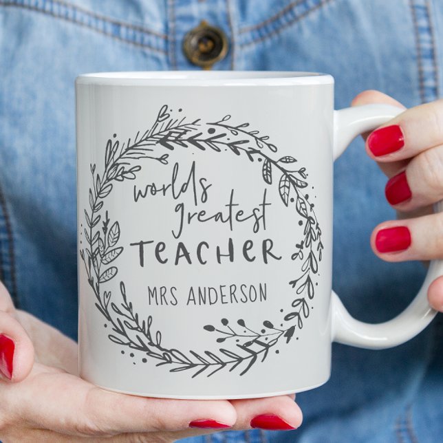 world greatest teacher modern minimal wreath coffee mug (Creator Uploaded)