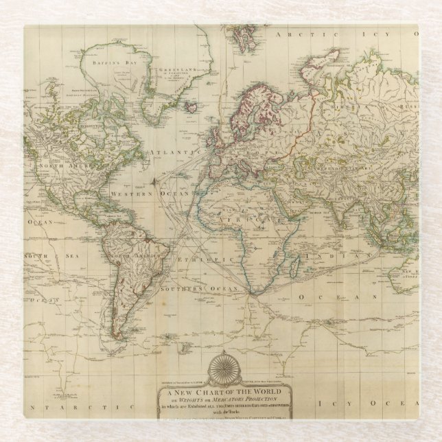World Hand Coloured map Glass Coaster (Front)