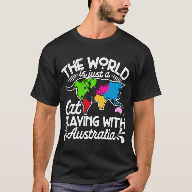 World Is A Cat Playing Map Australia Cat T-Shirt (Front)