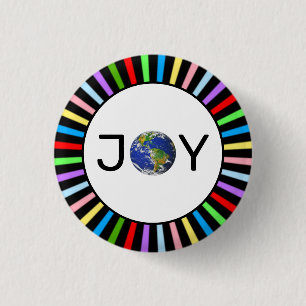 World joy & multicolored rays on black and white 3 cm round badge