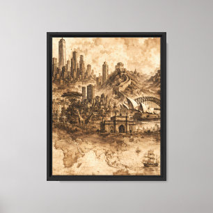 World Landmarks Sepia Ink Wash Illustration —  Canvas Print
