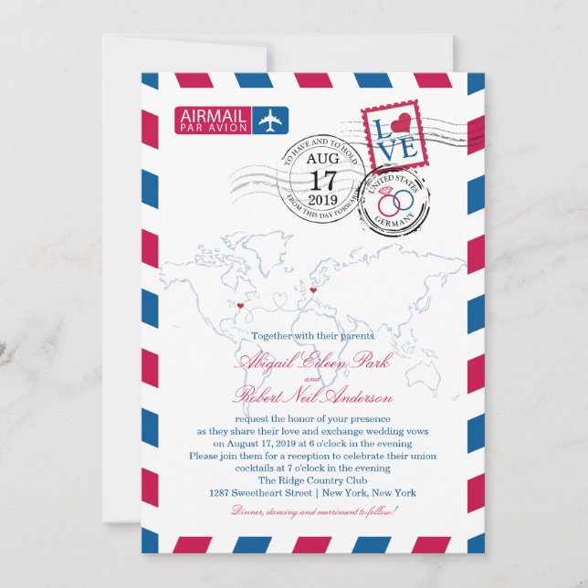 World Locations USA and Germany Airmail | Wedding Invitation (Front)