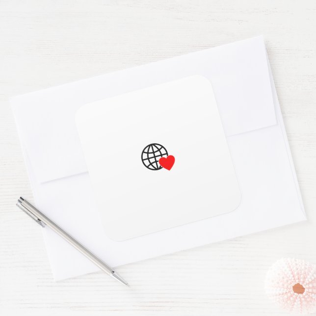 World Love Globe Icon | Heart Earth Summer Design Square Sticker (Envelope)