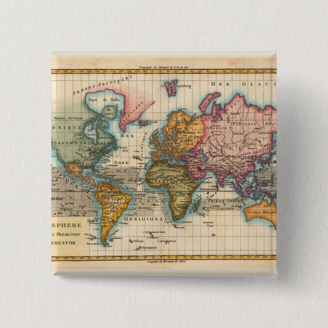 World Map 1700s Antique Continents  15 Cm Square Badge (Front)