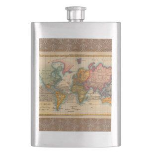 World Map 1700s Antique Continents  Hip Flask