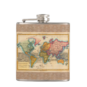 World Map 1700s Antique Continents  Hip Flask