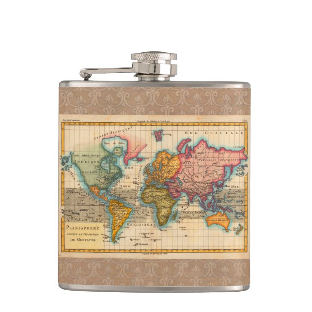 World Map 1700s Antique Continents  Hip Flask (Front)