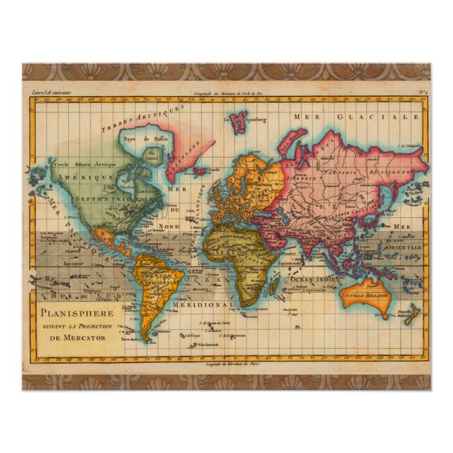 World Map 1700s Antique Continents  Poster (Front)