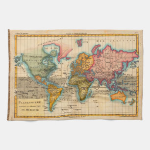 World Map 1700s Antique Continents  Tea Towel