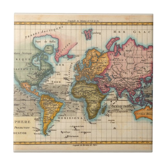 World Map 1700s Antique Continents  Tile (Front)