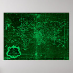 World Map (1778) Dark Green & Light Green Poster