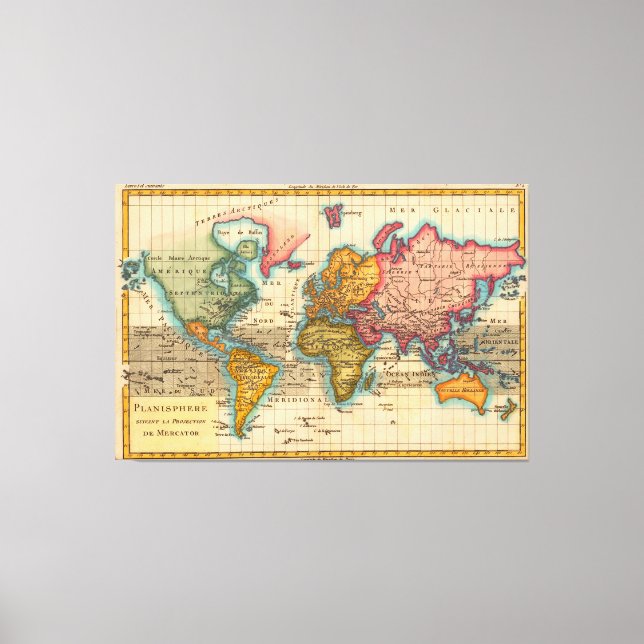 World Map 1780 Bonne Antique Planisphere  Canvas Print (Front)