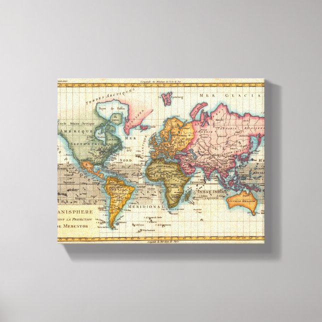 World Map 1780 Bonne Antique Planisphere  Canvas Print (Front)