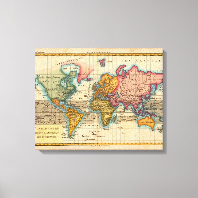 World Map 1780 Bonne Antique Planisphere  Canvas Print (Front)
