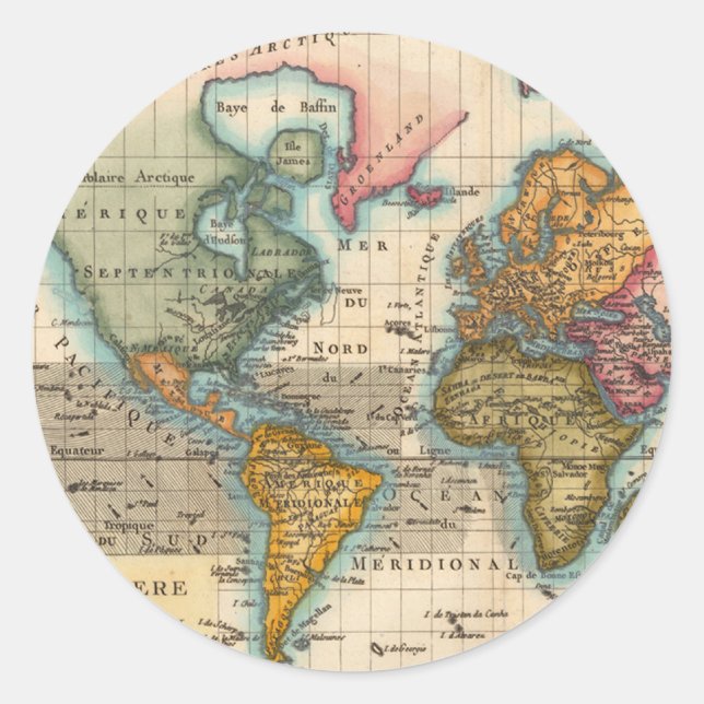 World Map 1780 Bonne Antique Planisphere  Classic Round Sticker (Front)