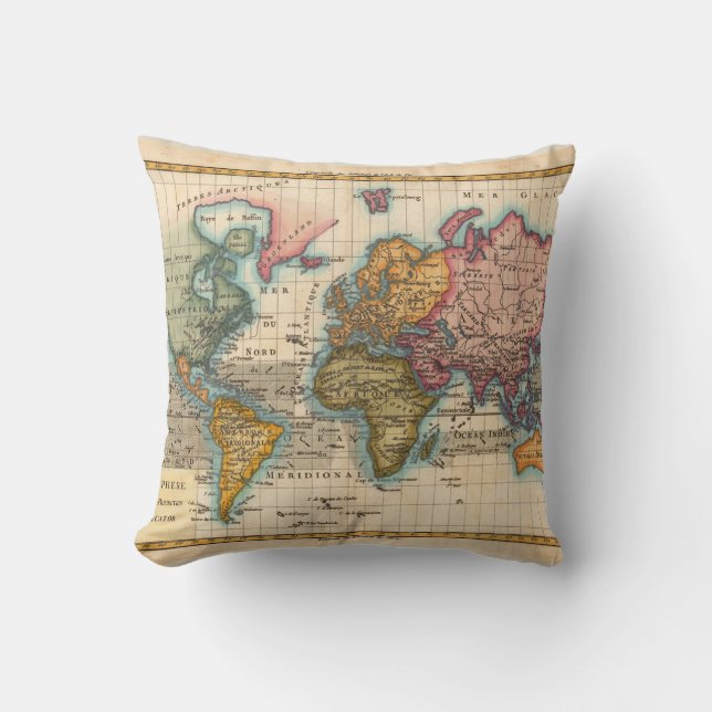 World Map 1780 Bonne Antique Planisphere  Cushion (Front)