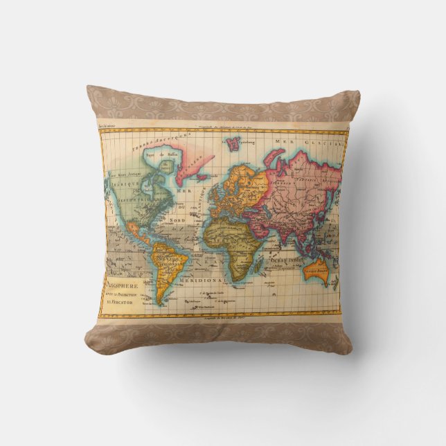 World Map 1780 Bonne Antique Planisphere  Cushion (Front)