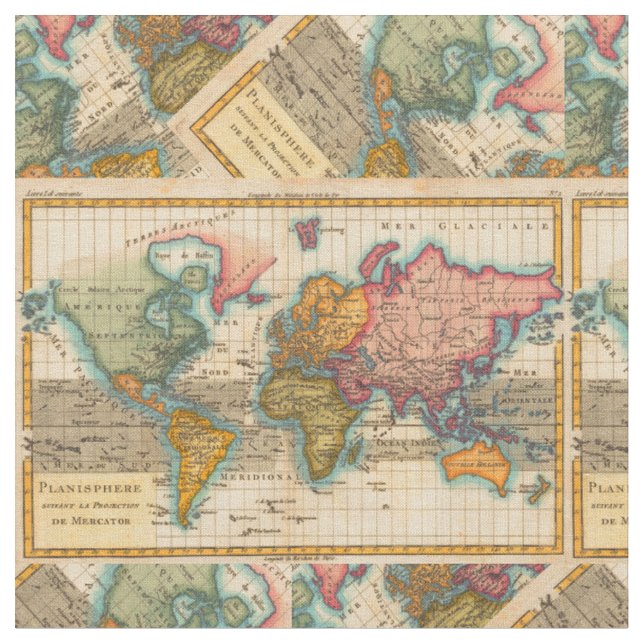 World Map 1780 Bonne Antique Planisphere  Fabric (Close Up)