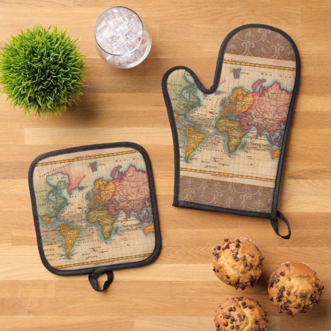 World Map 1780 Bonne Antique Planisphere  Oven Mitt & Pot Holder Set (Top Down)