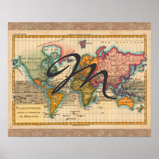 World Map 1780 Bonne Antique Planisphere  Poster (Front)
